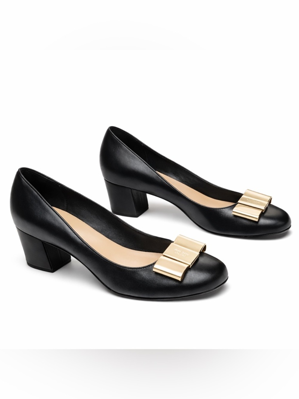 Kate Spade Y2K Black Leather Gold Bow Block Heel Pumps Size 6.5 Classic Preppy - Picture 2 of 8